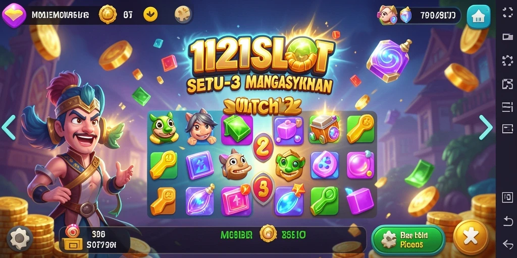 Tangkapan layar gameplay 1121SLOT dengan kombinasi batu permata yang cerah.