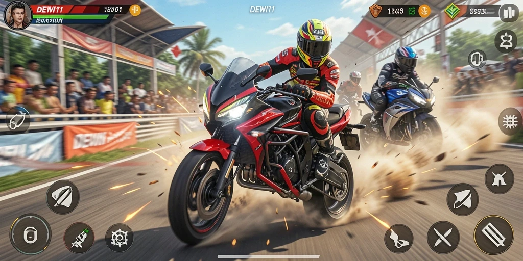 Gameplay seru DEWI11 dengan aksi balapan motor yang menegangkan.