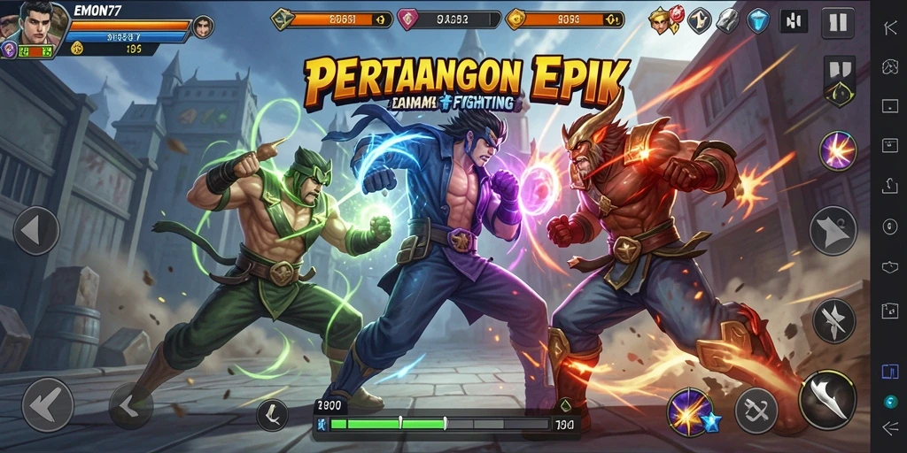 Screenshot gameplay EMON77 menampilkan aksi pertarungan seru dan grafis menawan.