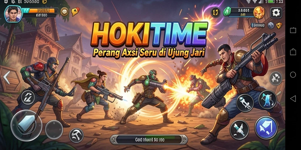 Tangkapan layar HOKITIME menampilkan aksi seru dan intens di tengah pertempuran.