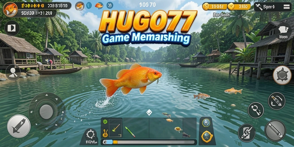 Tampilan gameplay HUGO77 saat menangkap ikan di laut.