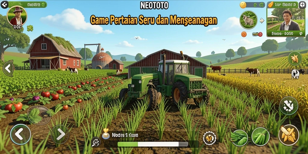 Tampilan gameplay NEOTOTO yang menampilkan kebun penuh tanaman hijau.
