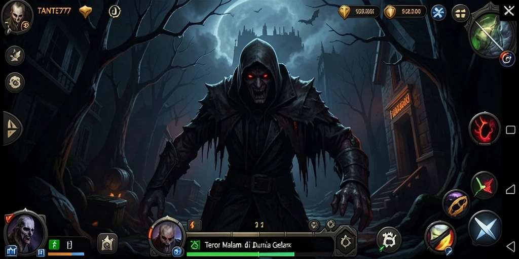 Screenshot gameplay TANTE777 menampilkan suasana mencekam dan tantangan horor yang mengintimidasi.